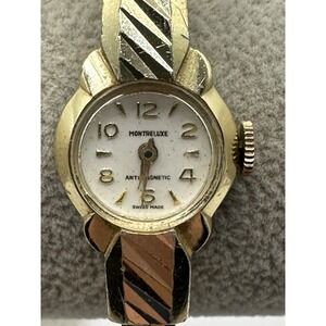 Montreluxe Womens Cuff Watch Manual Wind Works 17MM 5.5" Gold Tone Vintage Q